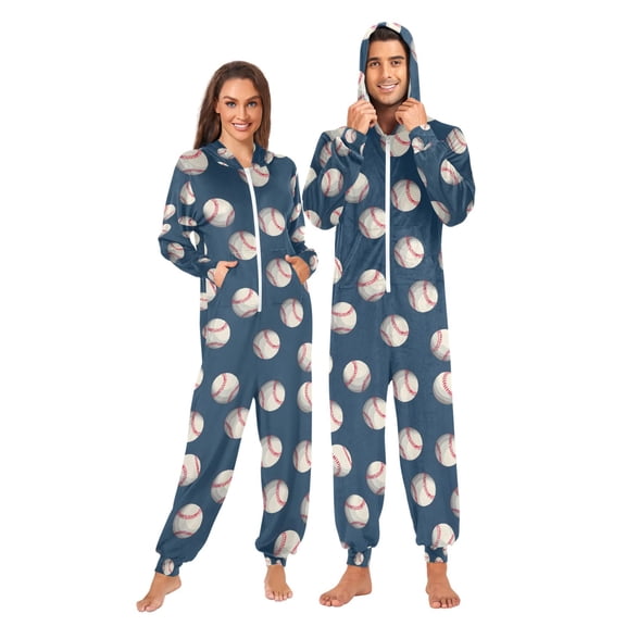 Adult Christmas Onesie Baseballs on A Navy Blue Backg Pattern Zipper One-Piece Pajamas Unisex with Pockets