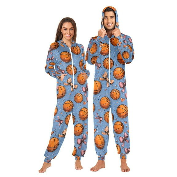 Adult Christmas Onesie Basketball Bow Adult Zipper One-Piece Pajamas Unisex Pajamas with Pockets