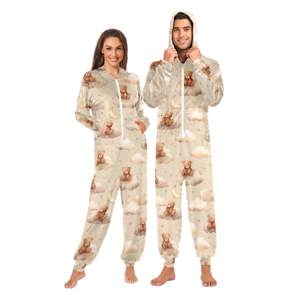 Adult Christmas Onesie Bear Cloud Star Adult Zipper One-Piece Pajamas Unisex Pajamas with Pockets