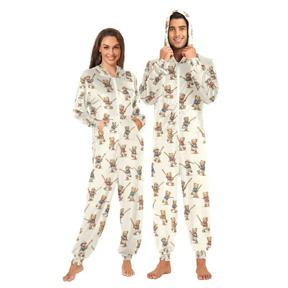 Adult Christmas Onesie Bears and Baseball Adult Zipper One-Piece Pajamas Unisex Pajamas with Pockets
