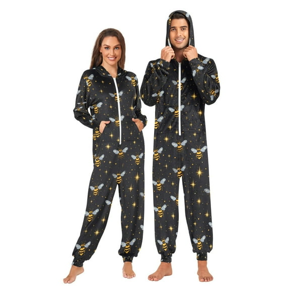 Adult Christmas Onesie Bees Stars Adult Zipper One-Piece Pajamas Unisex Pajamas with Pockets