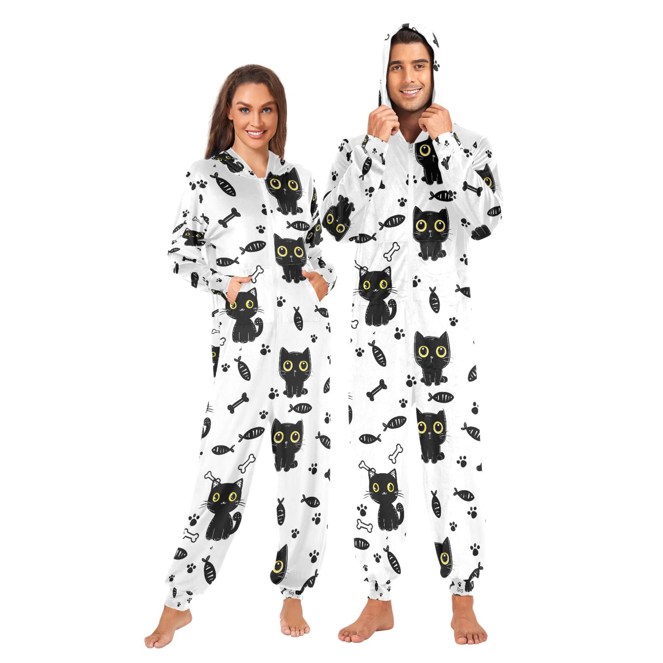 Adult Christmas Onesie Black Cat Footprint Adult Zipper One-Piece Pajamas Unisex Pajamas with Pockets