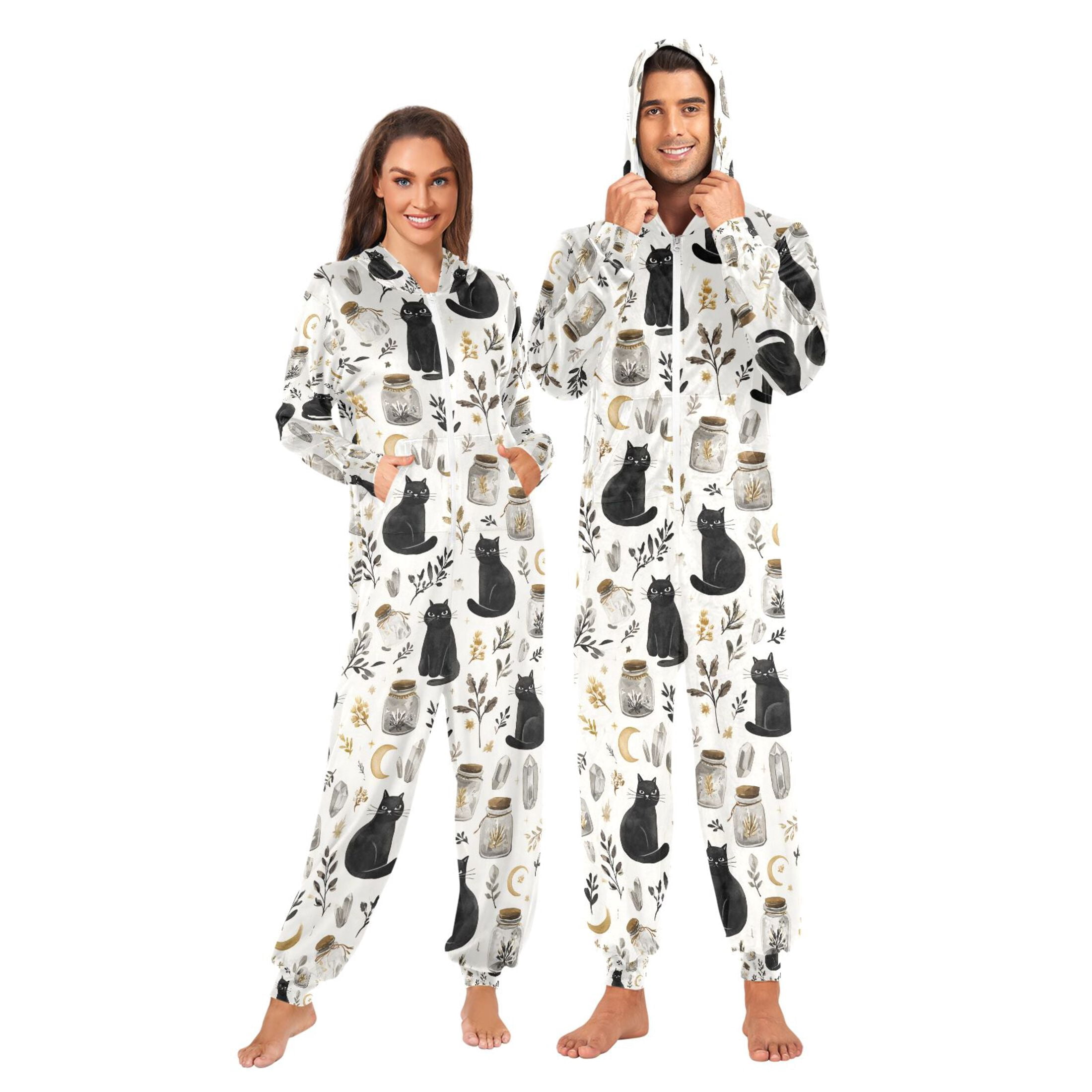 Adult Christmas Onesie Black Cat and Plants Adult Zipper One-Piece Pajamas Unisex Pajamas with Pockets