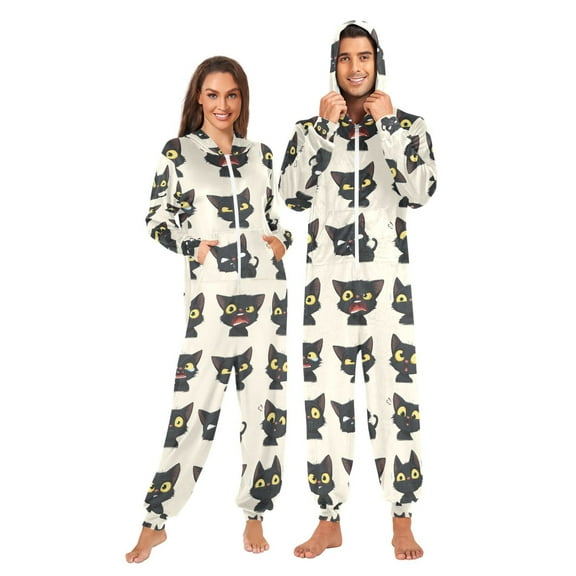 Adult Christmas Onesie Black Cat with Yellow Eyes Adult Zipper One-Piece Pajamas Unisex Pajamas with Pockets
