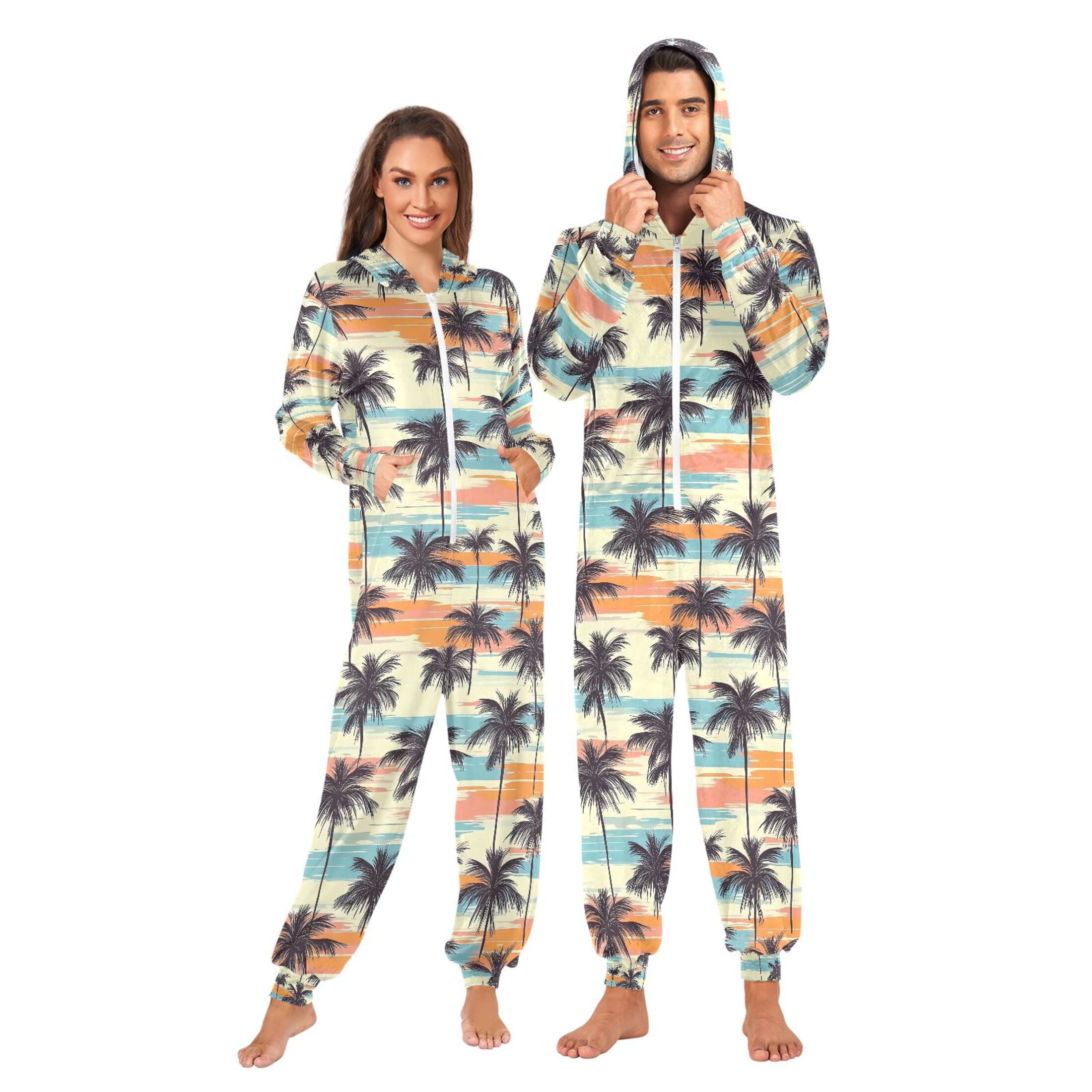 Adult Christmas Onesie Black Tropical Palm Tree Adult Zipper One-Piece Pajamas Unisex Pajamas with Pockets