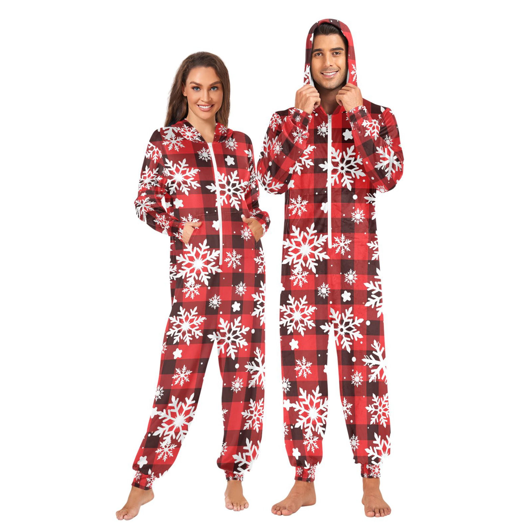 Adult Christmas Onesie Black and White Checkered Snowflake Adult Zipper One-Piece Pajamas Unisex Pajamas with Pockets