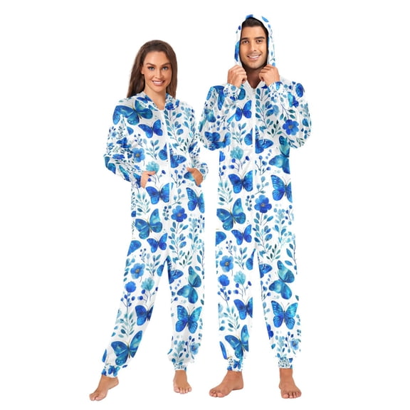 Adult Christmas Onesie Blue Beautiful Butterfly Adult Zipper One-Piece Pajamas Unisex Pajamas with Pockets
