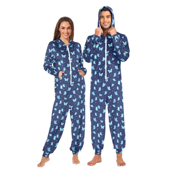 Adult Christmas Onesie Blue Butterflies Zipper One-Piece Pajamas Unisex with Pockets