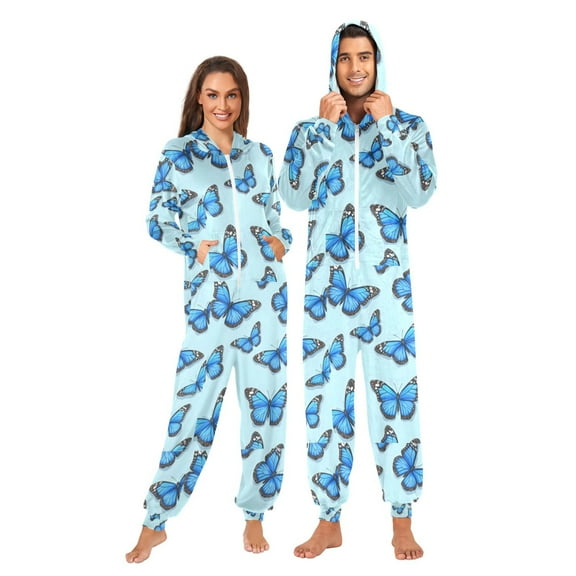 Adult Christmas Onesie Blue Butterfly Pattern Zipper One-Piece Pajamas Unisex with Pockets