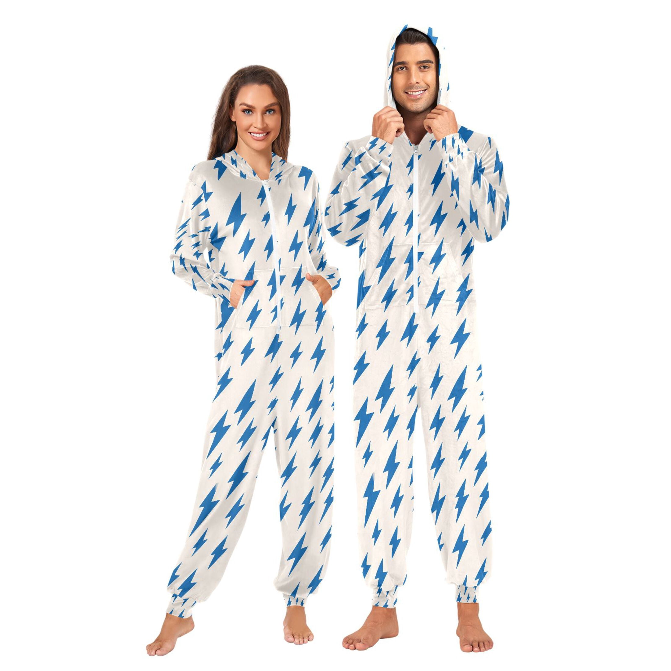 Adult Christmas Onesie Blue Lightning Adult Zipper One-Piece Pajamas Unisex Pajamas with Pockets