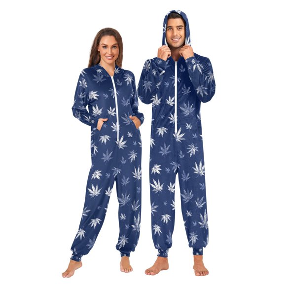 Adult Christmas Onesie Blue and White Leaves Adult Zipper One-Piece Pajamas Unisex Pajamas with Pockets