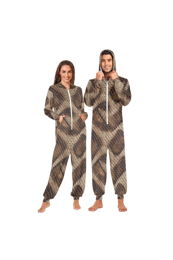Adult Christmas Onesie Brown Python Leather Zipper One-Piece Pajamas Unisex with Pockets