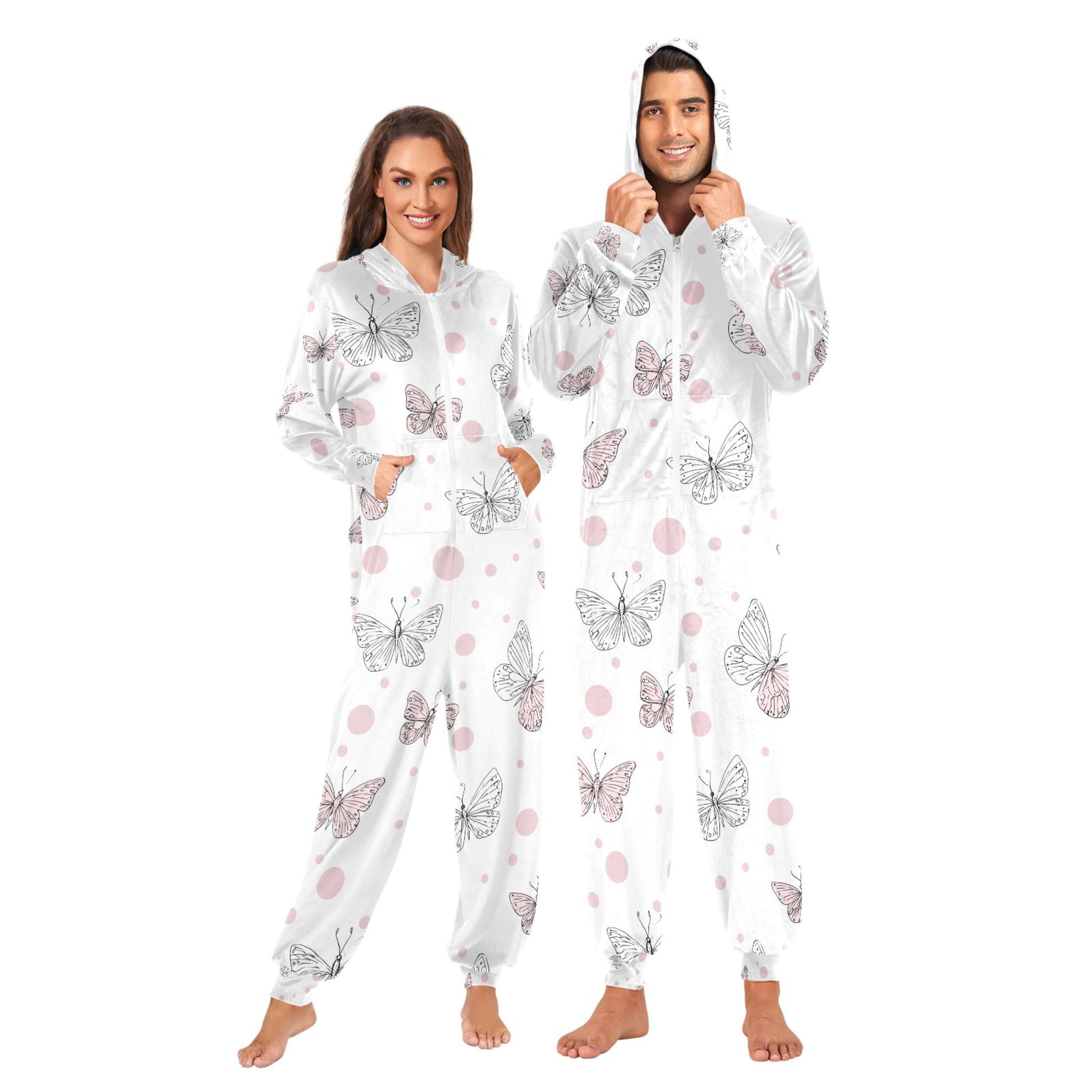 Adult Christmas Onesie Butterfly Pink and White Adult Zipper One-Piece Pajamas Unisex Pajamas with Pockets
