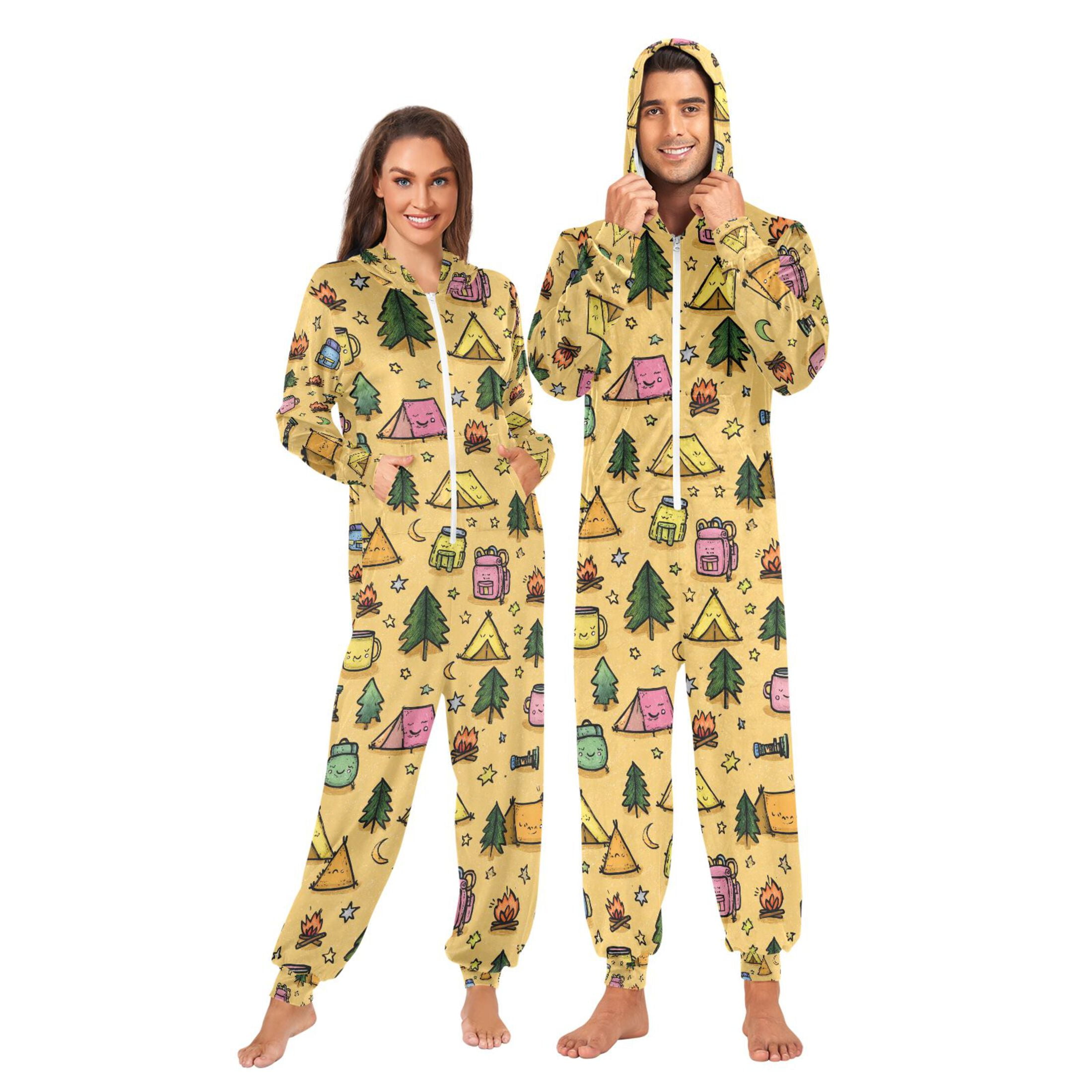Adult Christmas Onesie Camping Adult Zipper One-Piece Pajamas Unisex Pajamas with Pockets