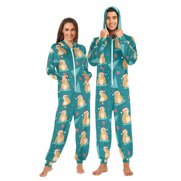 Adult Christmas Onesie Capybara Christmas Adult Zipper One-Piece Pajamas Unisex Pajamas with Pockets