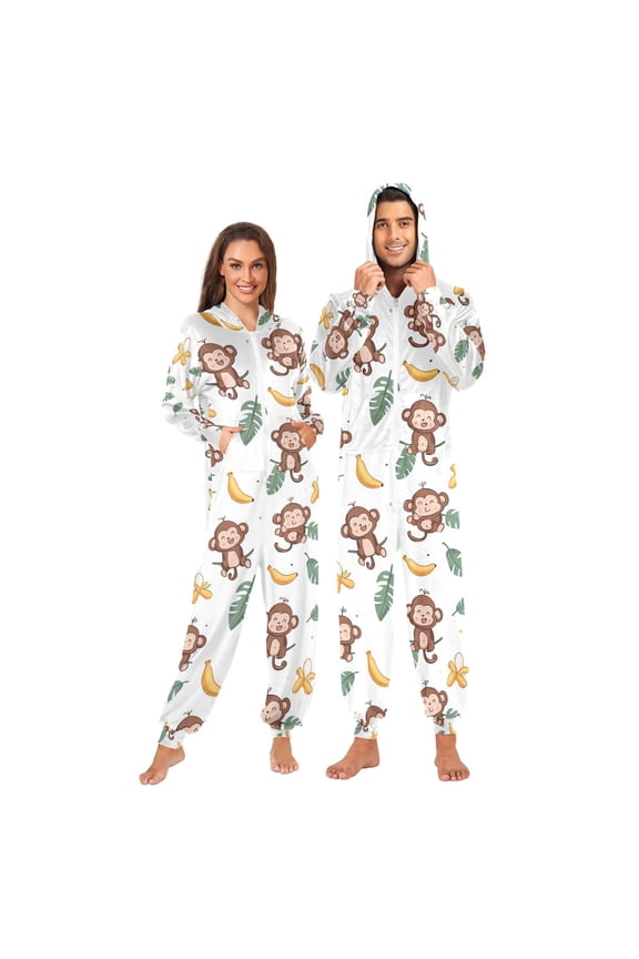 Adult Christmas Onesie Cartoon Monkey Adult Zipper One-Piece Pajamas Unisex Pajamas with Pockets