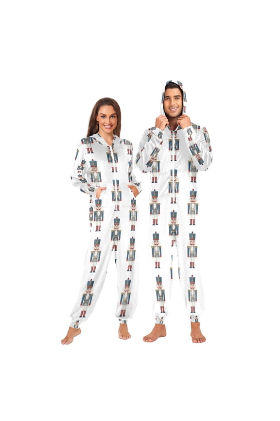 Adult Christmas Onesie Cartoon Simple Nutcracker Zipper One-Piece Pajamas Unisex with Pockets