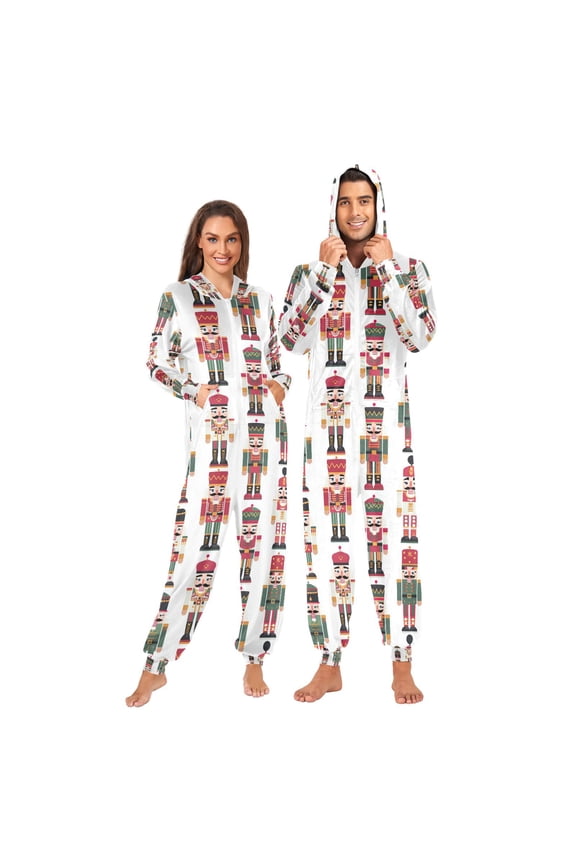 Adult Christmas Onesie Cartoon Simple Nutcracker Zipper One-Piece Pajamas Unisex with Pockets