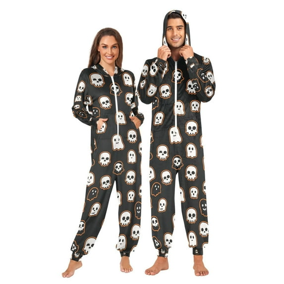 Adult Christmas Onesie Cartoon Skull and Ghost Adult Zipper One-Piece Pajamas Unisex Pajamas with Pockets