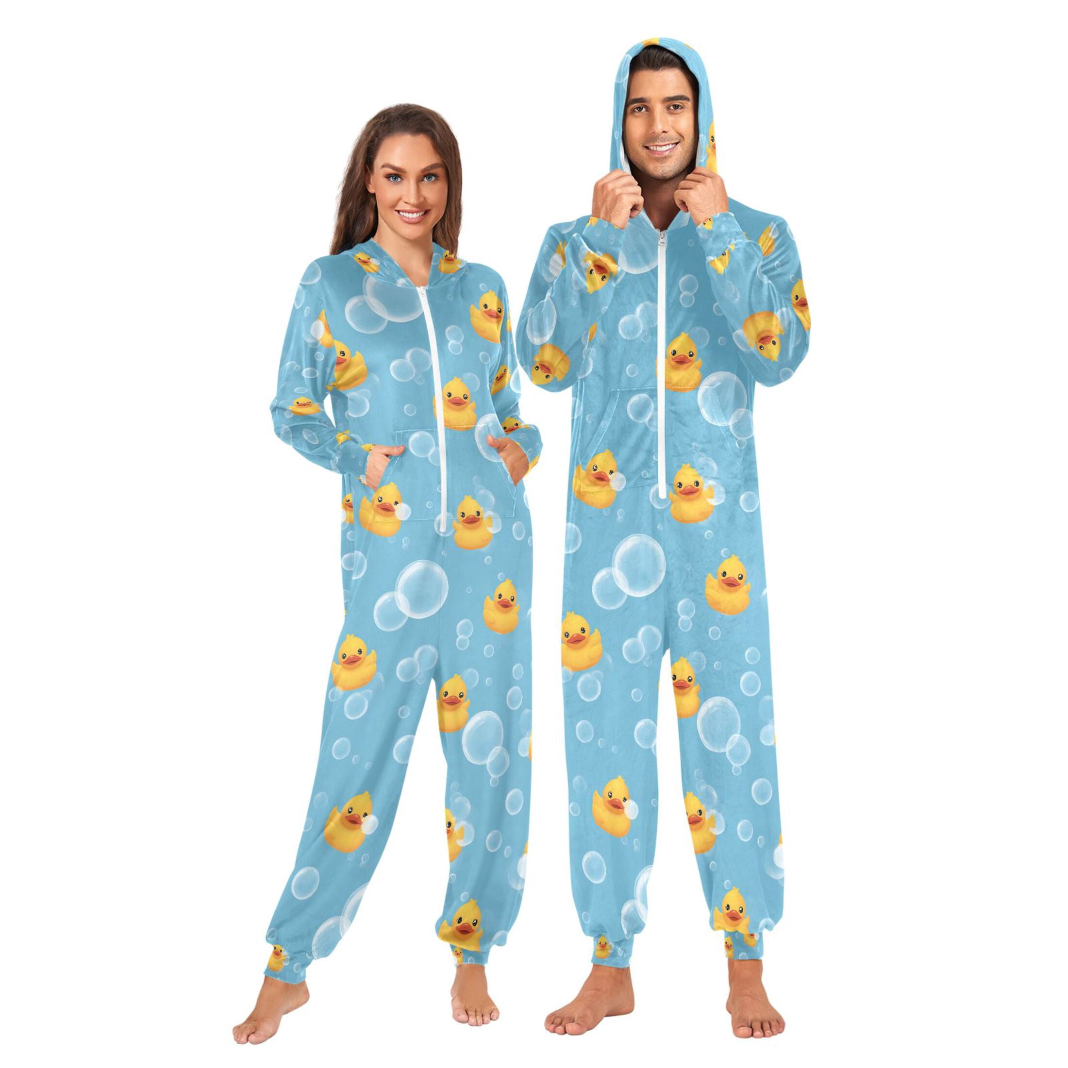 Adult Christmas Onesie Cartoon Yellow Duck Adult Zipper One-Piece Pajamas Unisex Pajamas with Pockets