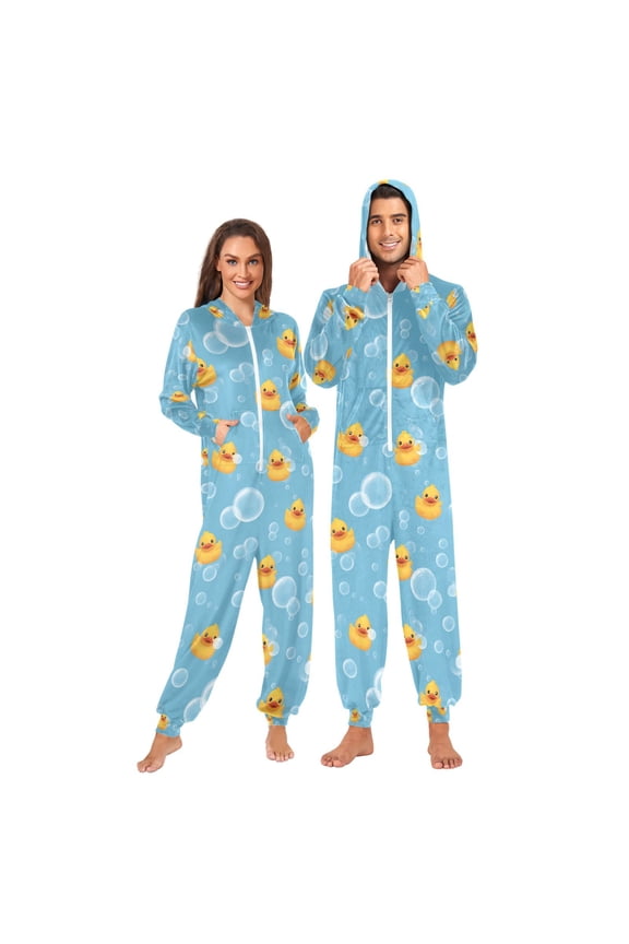 Adult Christmas Onesie Cartoon Yellow Duck Adult Zipper One-Piece Pajamas Unisex Pajamas with Pockets
