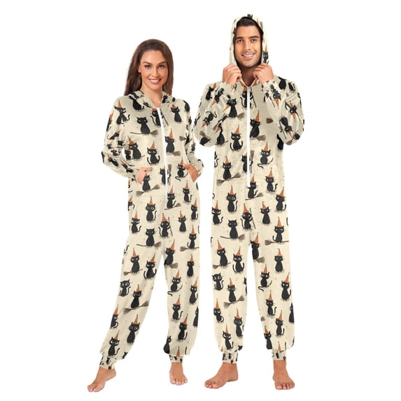 Adult Christmas Onesie Cat Wearing A Hat Sweeping The Floor Adult Zipper One-Piece Pajamas Unisex Pajamas with Pockets