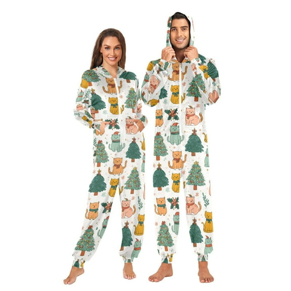 Adult Christmas Onesie Cat and Tree Christmas Zipper One-Piece Pajamas Unisex with Pockets