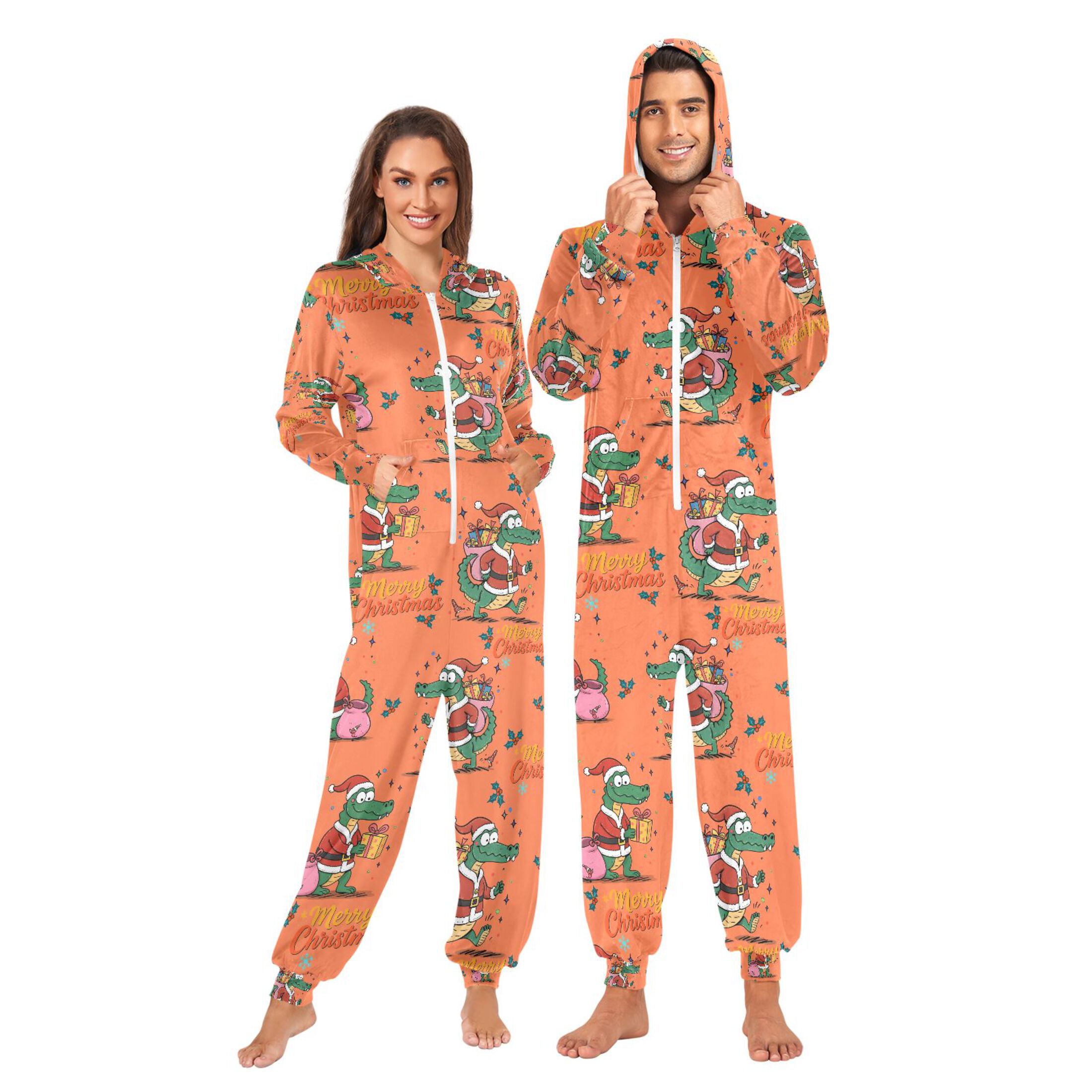 Adult Christmas Onesie Christmas Crocodile Adult Zipper One-Piece Pajamas Unisex Pajamas with Pockets