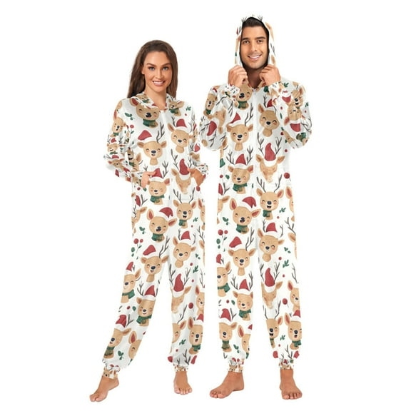 Adult Christmas Onesie Christmas Deer with Bells Zipper One-Piece Pajamas Unisex with Pockets