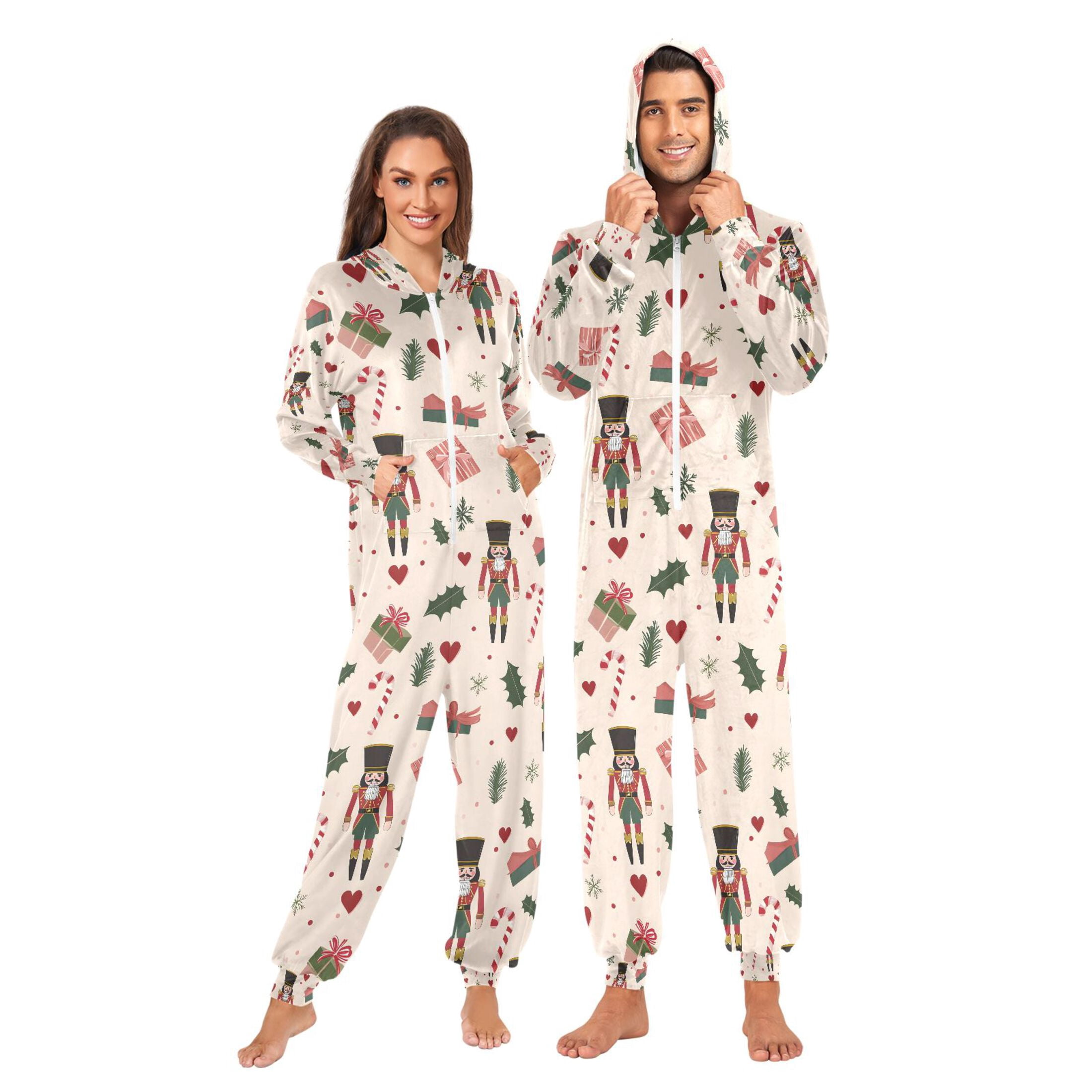 Adult Christmas Onesie Christmas Nutcracker Leave Heart Snowflake Adult Zipper One-Piece Pajamas Unisex Pajamas with Pockets