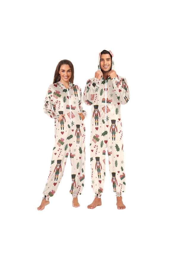 Adult Christmas Onesie Christmas Nutcracker Leave Heart Snowflake Adult Zipper One-Piece Pajamas Unisex Pajamas with Pockets