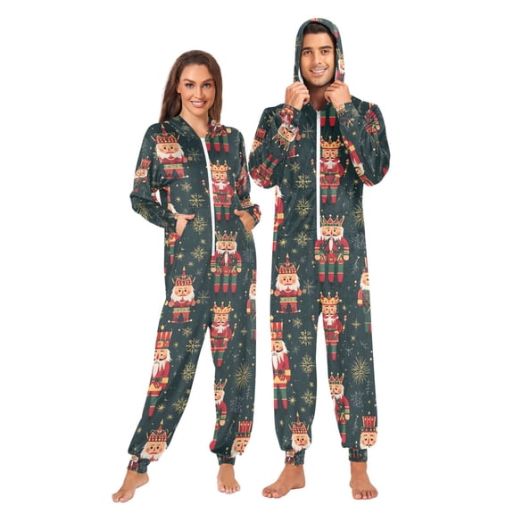 Adult Christmas Onesie Christmas Nutcracker Zipper One-Piece Pajamas Unisex with Pockets