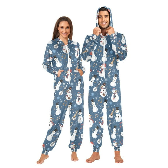 Adult Christmas Onesie Christmas Snowman Instrumental Adult Zipper One-Piece Pajamas Unisex Pajamas with Pockets