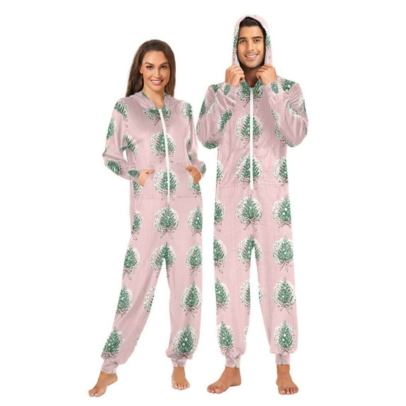 Adult Christmas Onesie Christmas Tree Pink Zipper One-Piece Pajamas Unisex with Pockets