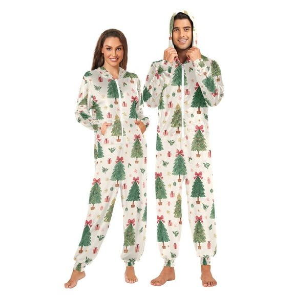 Adult Christmas Onesie Christmas Tree and Bows Adult Zipper One-Piece Pajamas Unisex Pajamas with Pockets