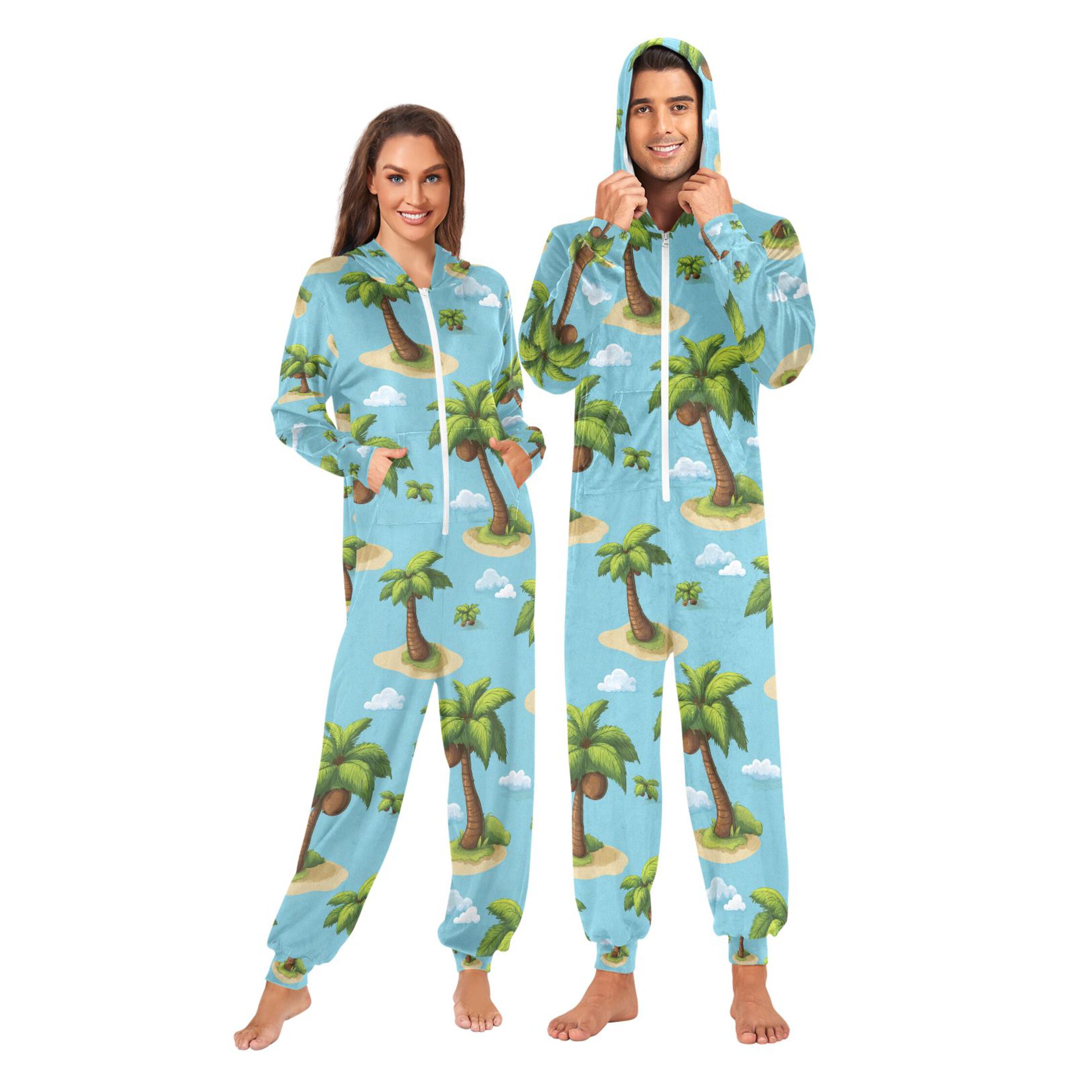 Adult Christmas Onesie Coconut Trees Adult Zipper One-Piece Pajamas Unisex Pajamas with Pockets