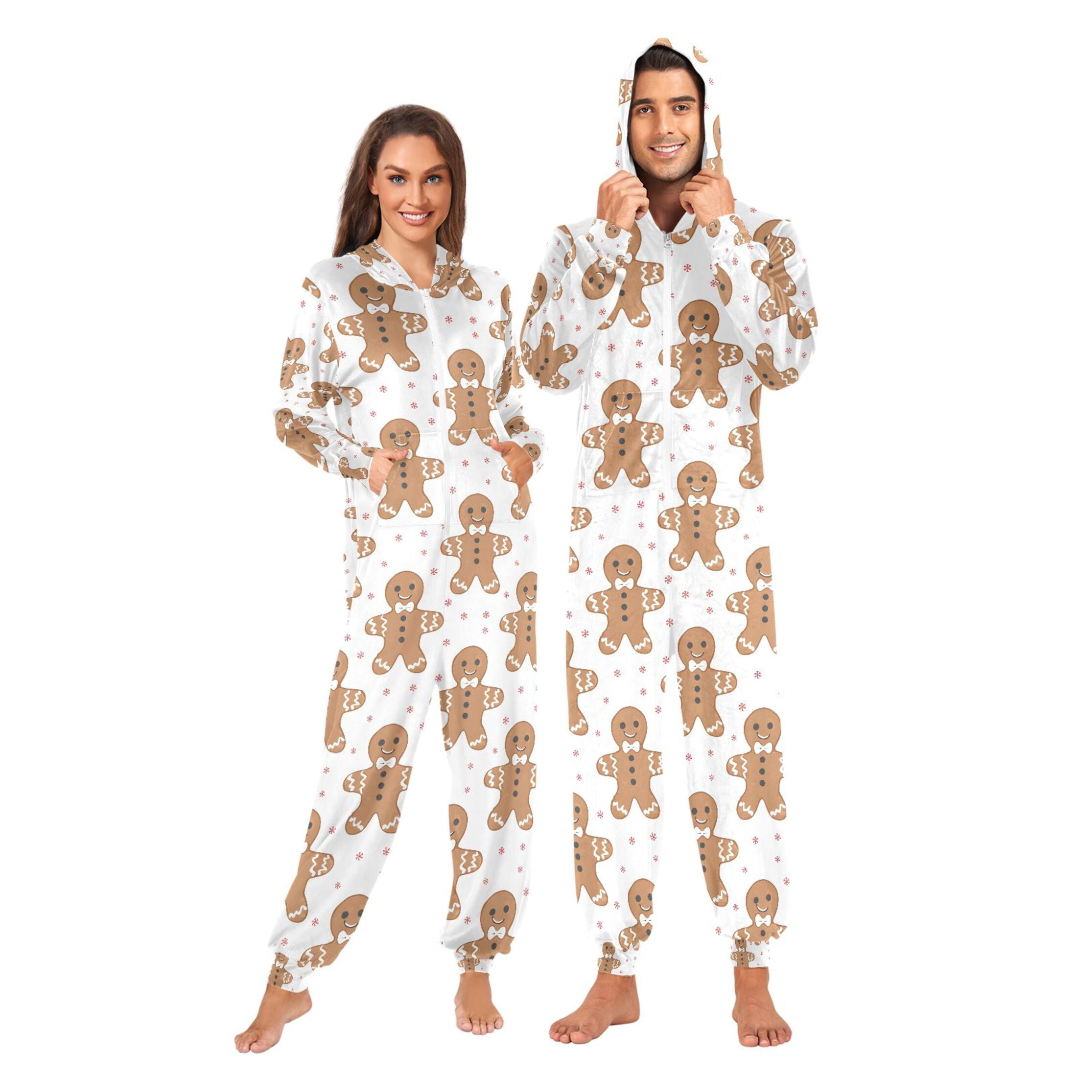 Adult Christmas Onesie Cookie Man Snowflake Adult Zipper One-Piece Pajamas Unisex Pajamas with Pockets