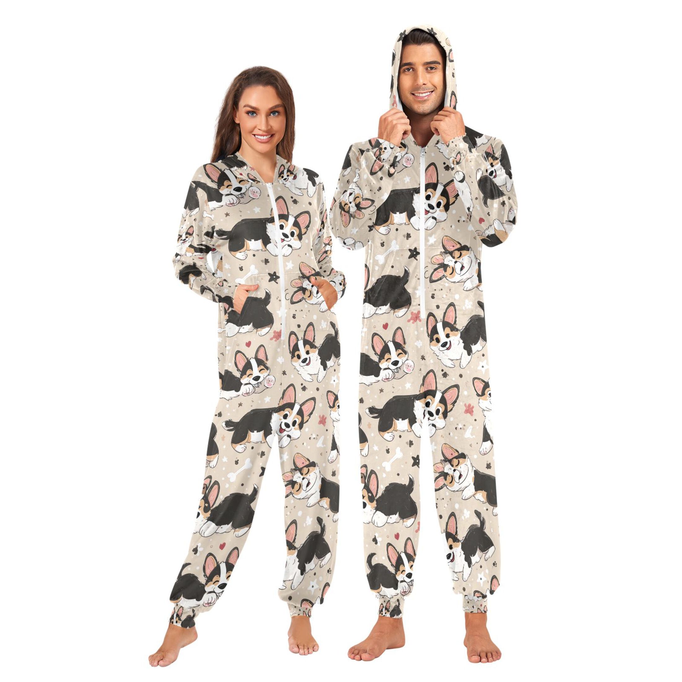 Adult Christmas Onesie Corgi Adult Zipper One-Piece Pajamas Unisex Pajamas with Pockets
