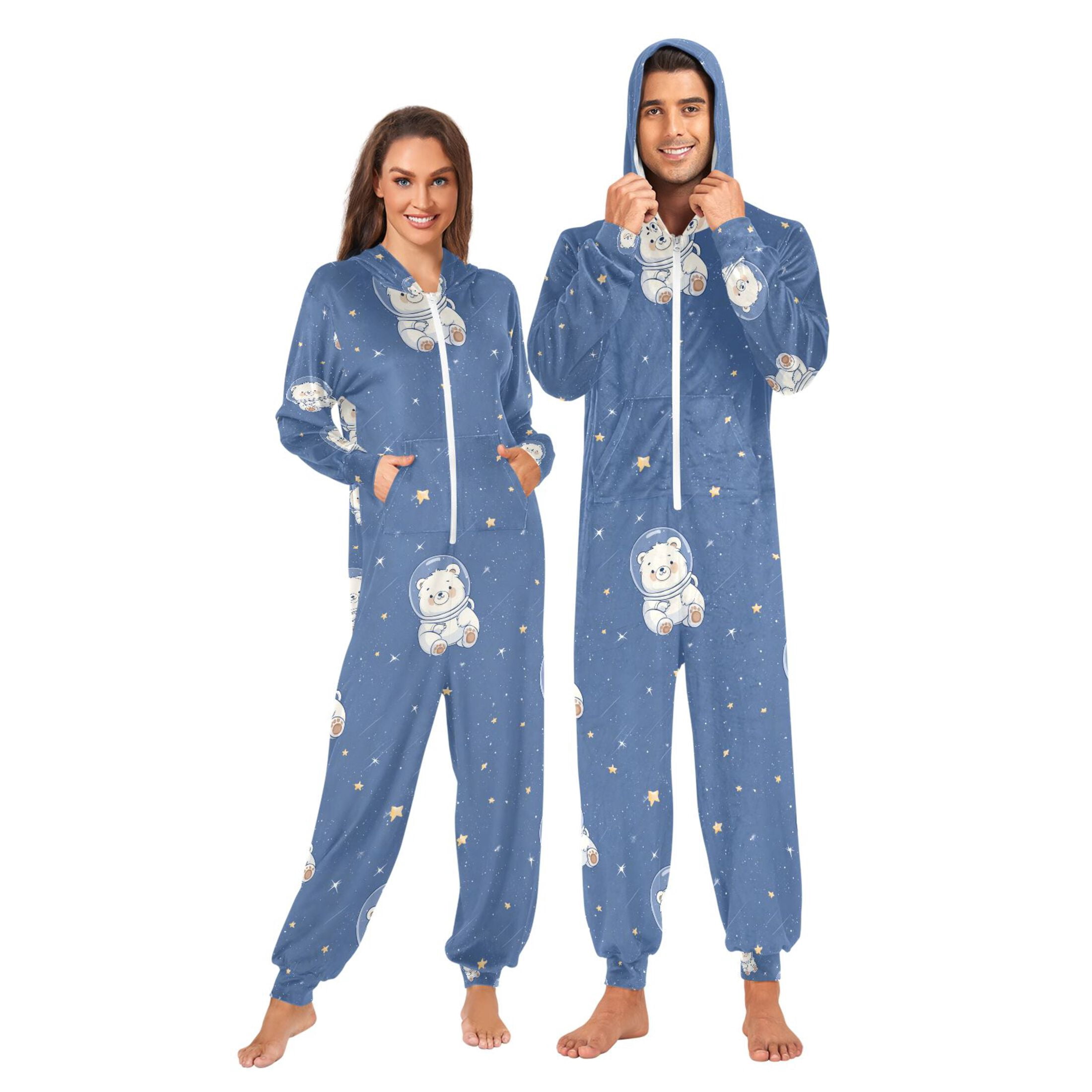 Adult Christmas Onesie Cute Bear Astronaut Adult Zipper One-Piece Pajamas Unisex Pajamas with Pockets