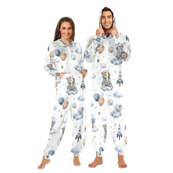Adult Christmas Onesie Cute Bear Space Adult Zipper One-Piece Pajamas Unisex Pajamas with Pockets