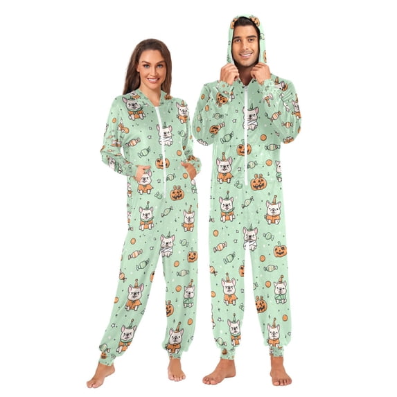 Adult Christmas Onesie Cute Bulldog Adult Zipper One-Piece Pajamas Unisex Pajamas with Pockets