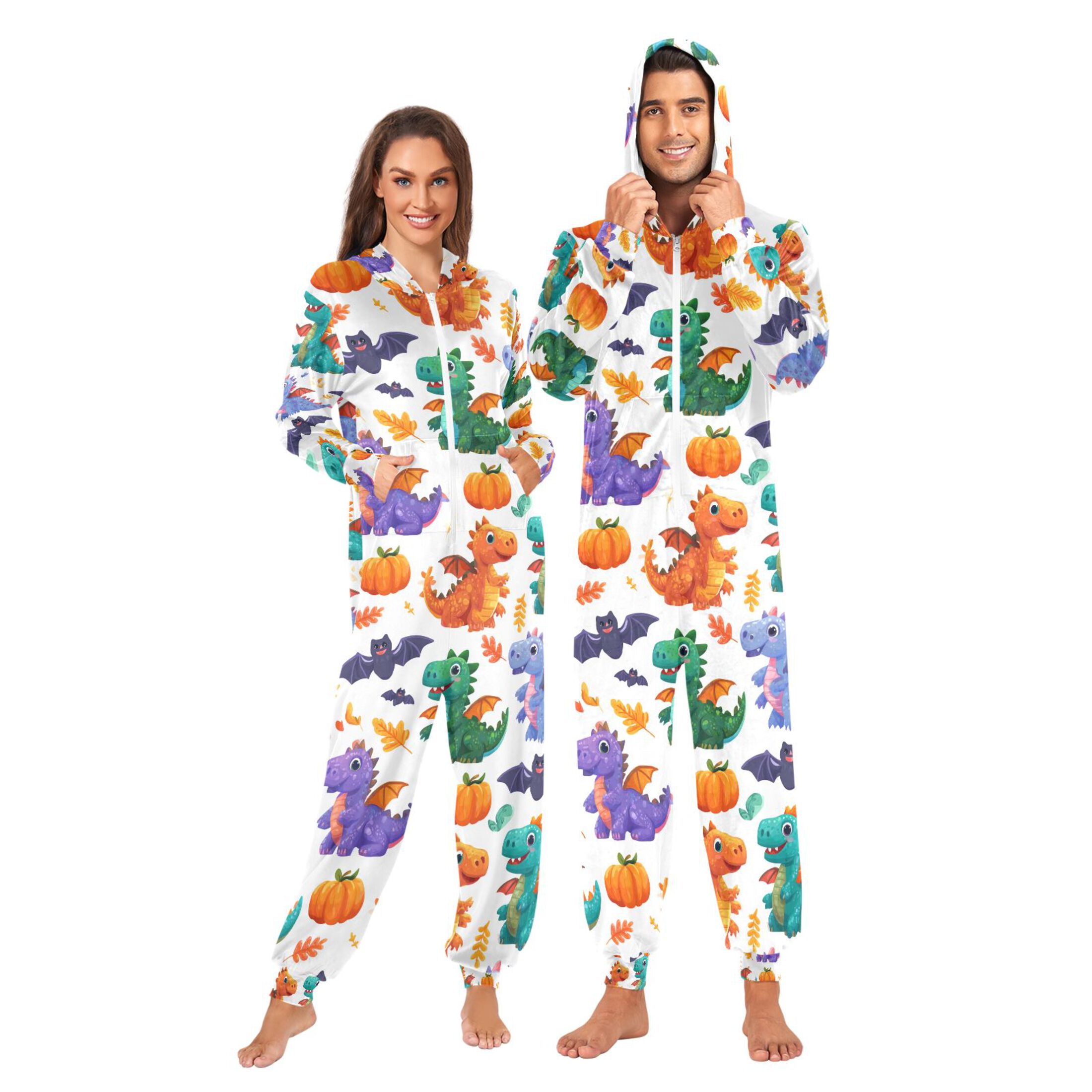 Adult Christmas Onesie Cute Cartoon Dinosaur Adult Zipper One-Piece Pajamas Unisex Pajamas with Pockets
