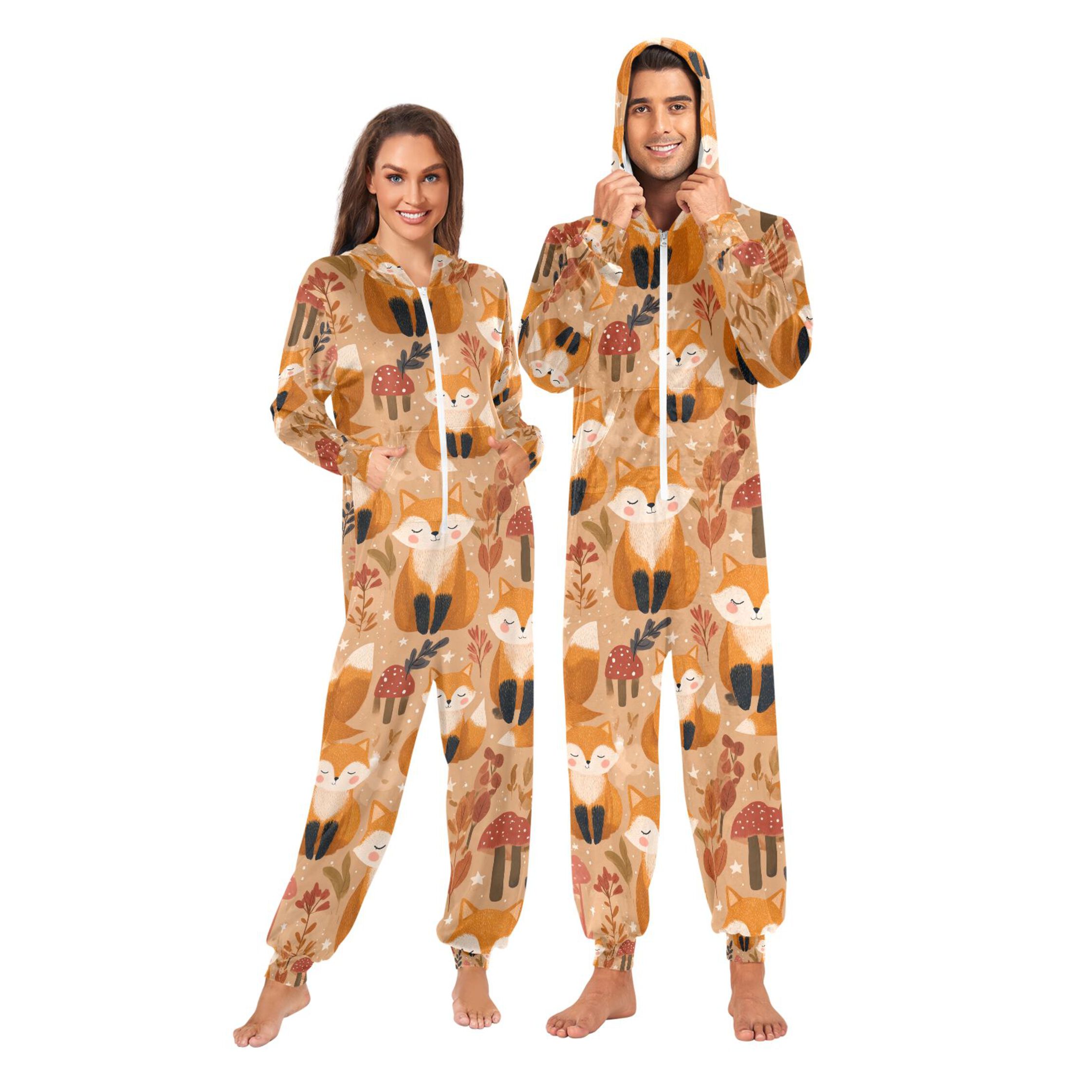 Adult Christmas Onesie Cute Cartoon Fox Adult Zipper One-Piece Pajamas Unisex Pajamas with Pockets