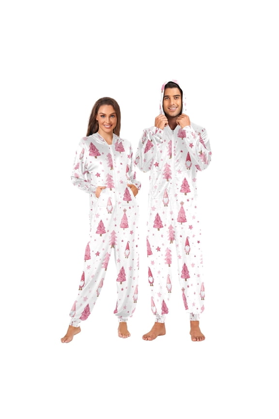 Adult Christmas Onesie Cute Cartoon Pink Zipper One-Piece Pajamas Unisex with Pockets