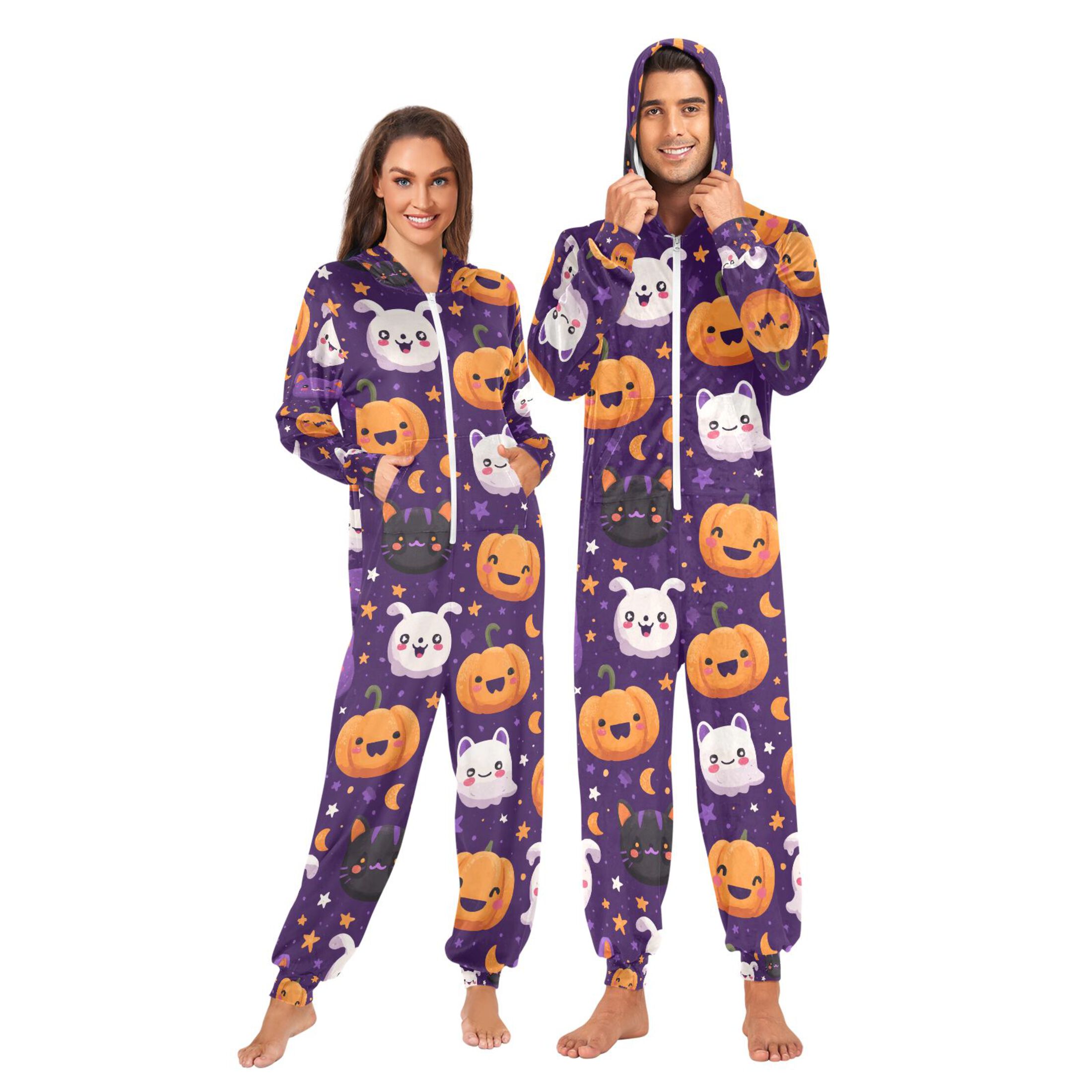 Adult Christmas Onesie Cute Cartoon Pumpkin Ghost Adult Zipper One-Piece Pajamas Unisex Pajamas with Pockets