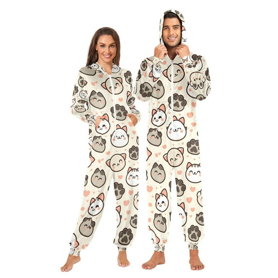 Adult Christmas Onesie Cute Cat Paw Footprints Background Repeating Zipper One-Piece Pajamas Unisex with Pockets
