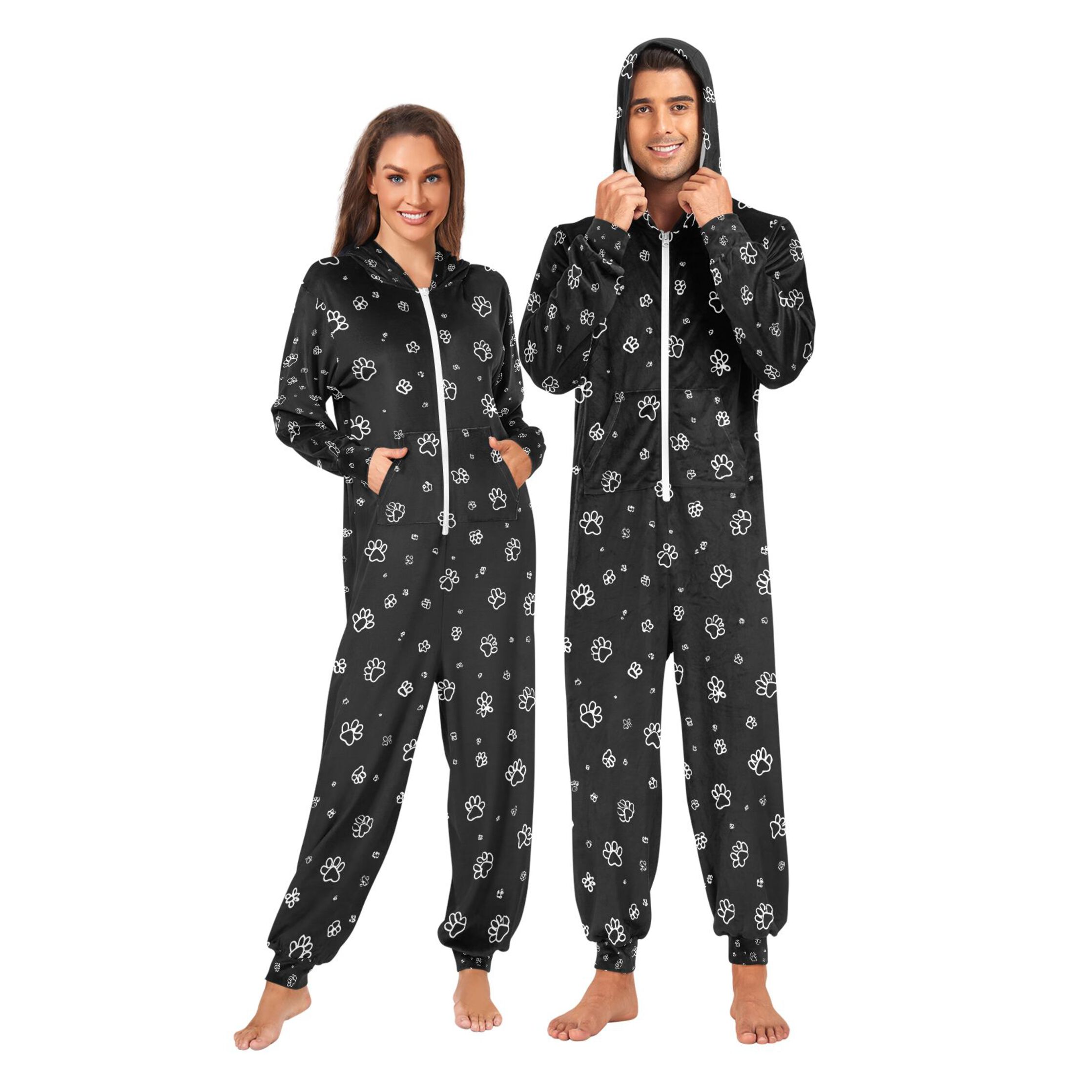 Adult Christmas Onesie Cute Cat Paws Adult Zipper One-Piece Pajamas Unisex Pajamas with Pockets