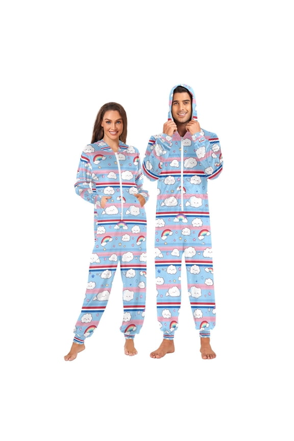 Adult Christmas Onesie Cute Clouds and Rainbows Adult Zipper One-Piece Pajamas Unisex Pajamas with Pockets