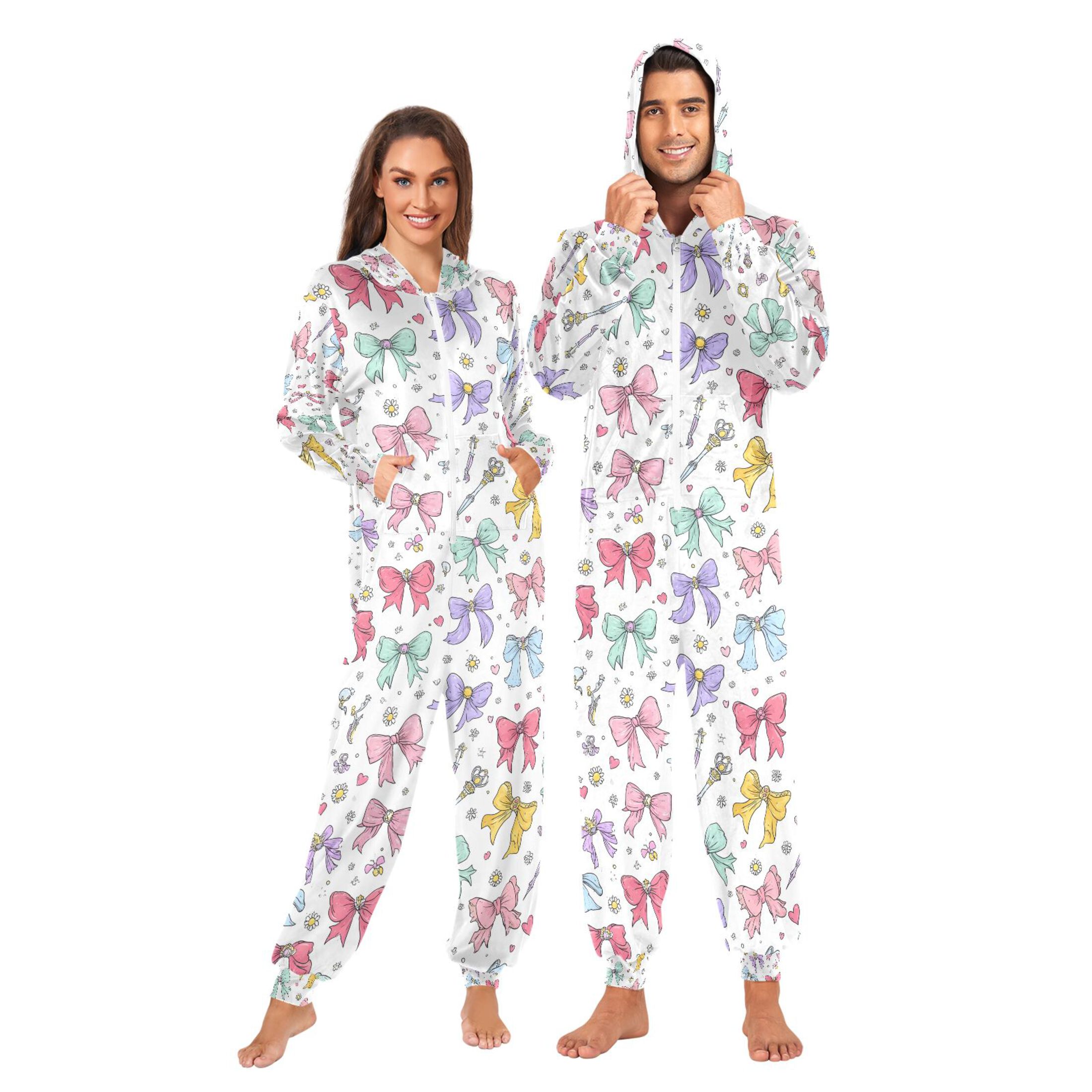 Adult Christmas Onesie Cute Colorful Bows Adult Zipper One-Piece Pajamas Unisex Pajamas with Pockets