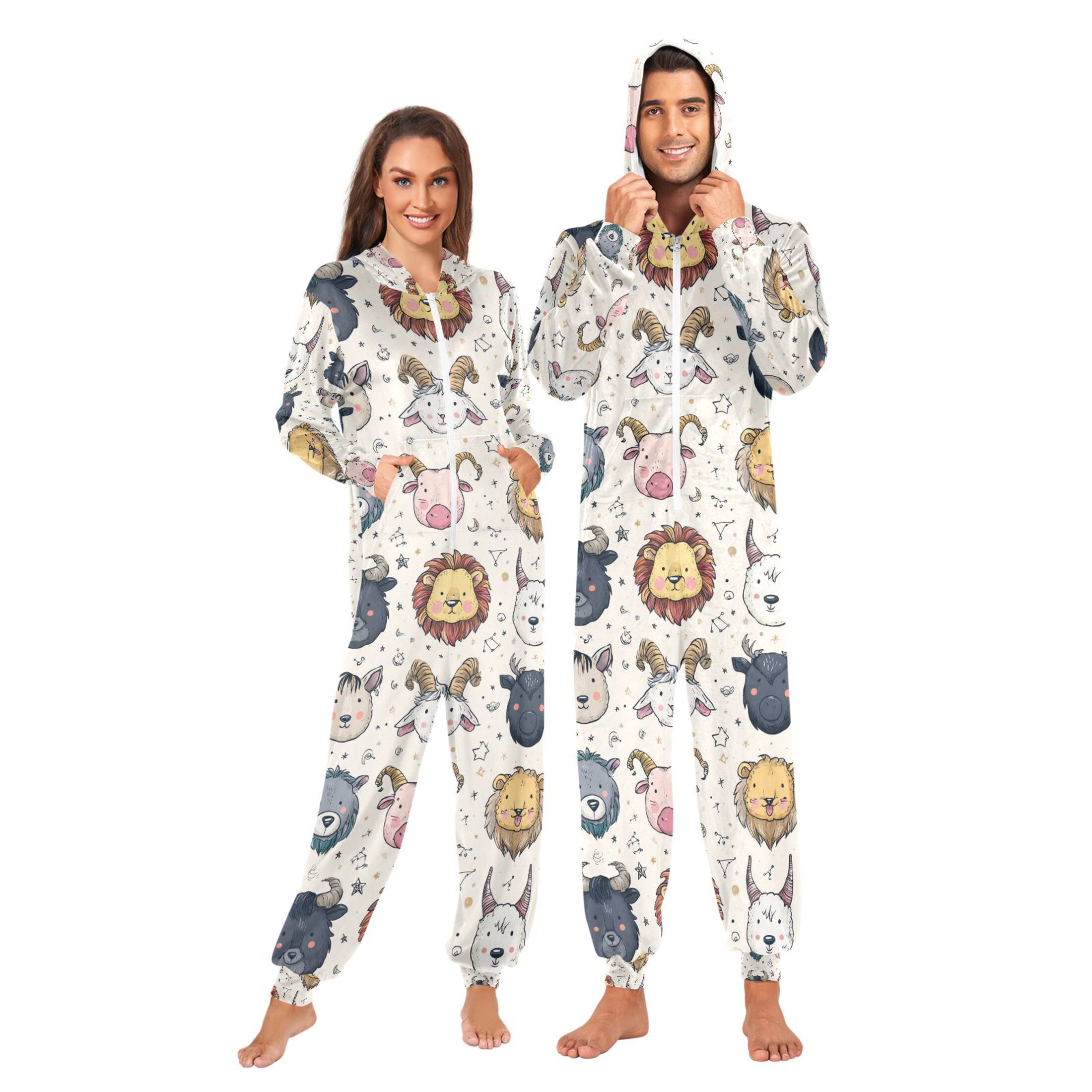 Adult Christmas Onesie Cute Constellations Adult Zipper One-Piece Pajamas Unisex Pajamas with Pockets